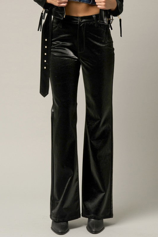 HIGH RISE FLARE FAUX LEATHER PANTS