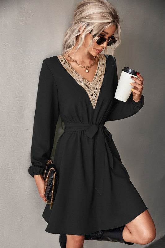 LONG SLEEVE V NECK MINI DRESS