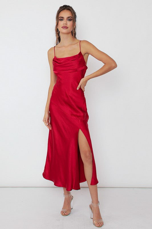 SATIN SIDE SLIT MIDI DRESS