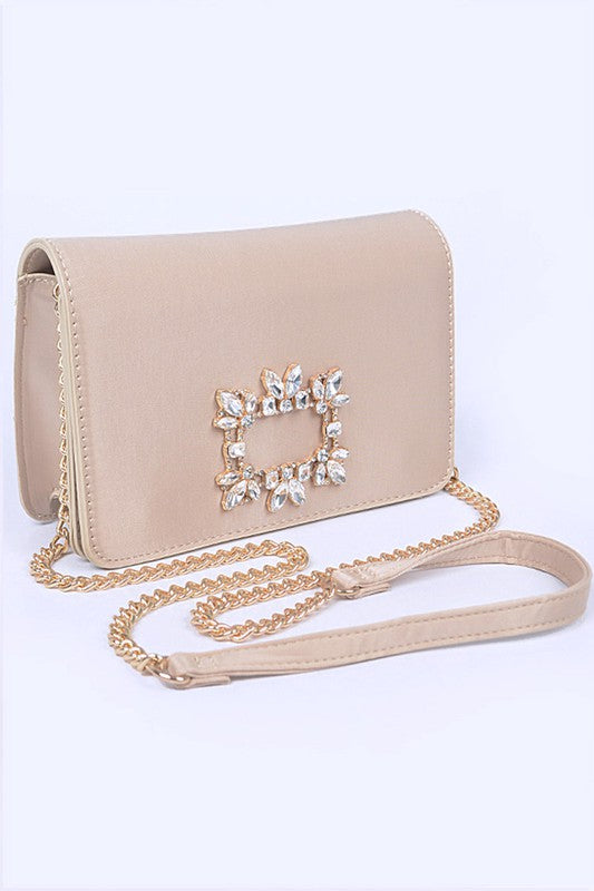 CRYSTAL BUCKLE DESIGNED SATIN CROSSBODY BAG