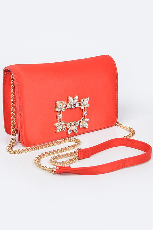 CRYSTAL BUCKLE DESIGNED SATIN CROSSBODY BAG