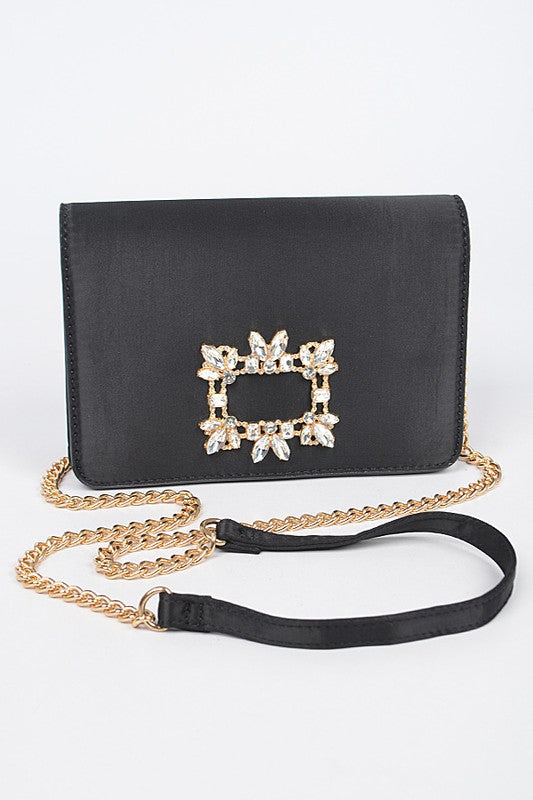 CRYSTAL BUCKLE DESIGNED SATIN CROSSBODY BAG