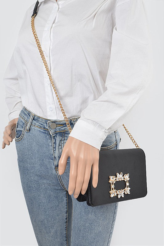 CRYSTAL BUCKLE DESIGNED SATIN CROSSBODY BAG