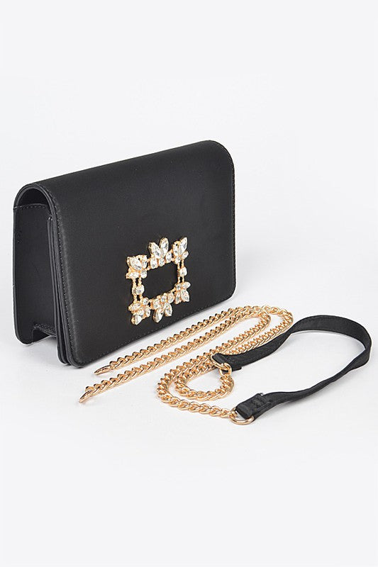 CRYSTAL BUCKLE DESIGNED SATIN CROSSBODY BAG