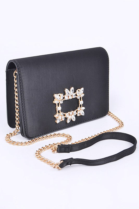 CRYSTAL BUCKLE DESIGNED SATIN CROSSBODY BAG