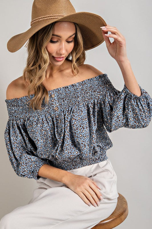 ANIMAL PRINT SMOCKED OFF THE SHOULDER TOP