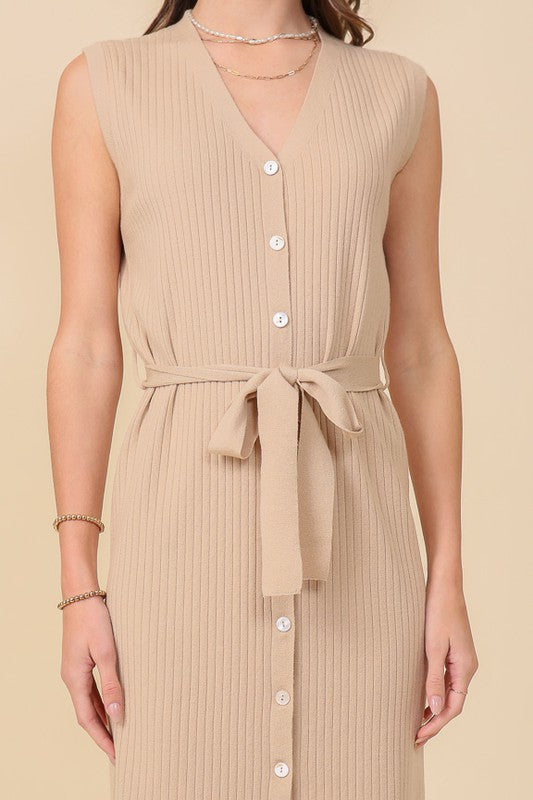 V NECK SLEEVELESS MIDI SWEATER VEST DRESS