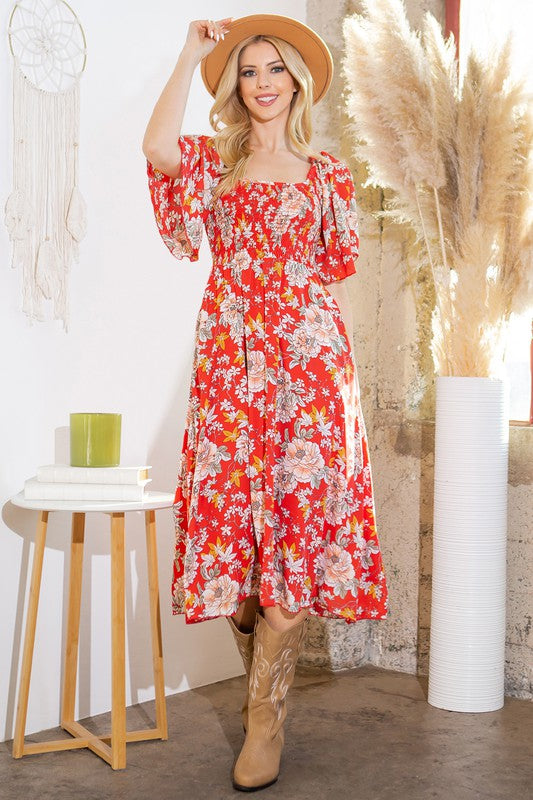 FLORAL PRINT SMOCKED MIDI DRESS