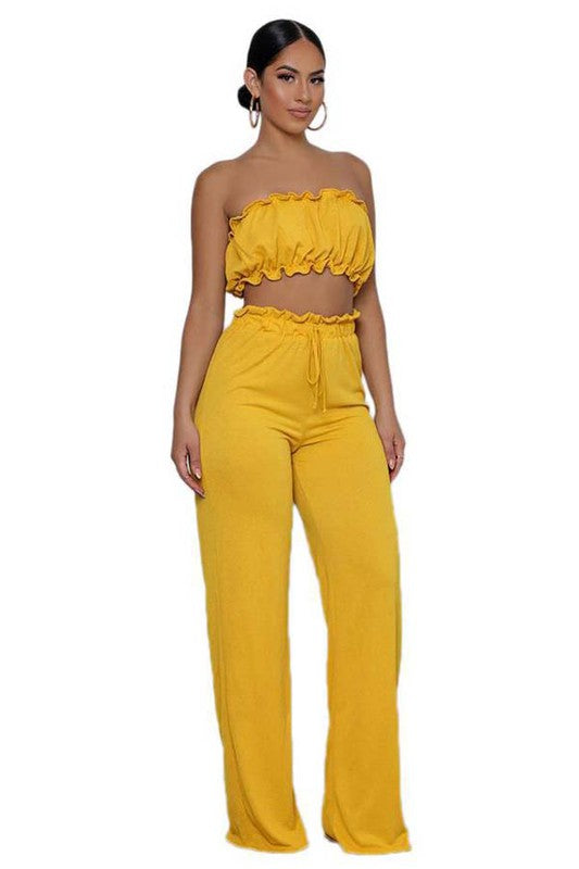 STRAPLESS RUFFLE CROP TOP AND PANT SET