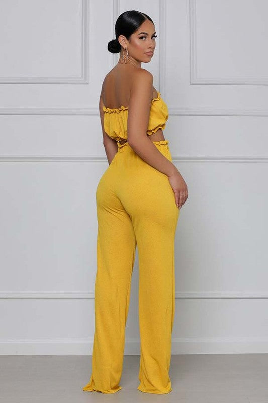 STRAPLESS RUFFLE CROP TOP AND PANT SET