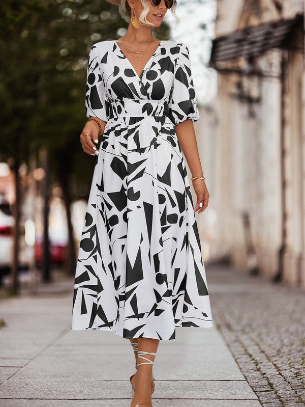 SURPLICE 3/4 SLEEVE PRINTED MAXI DRESS