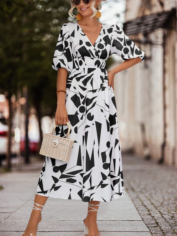 SURPLICE 3/4 SLEEVE PRINTED MAXI DRESS