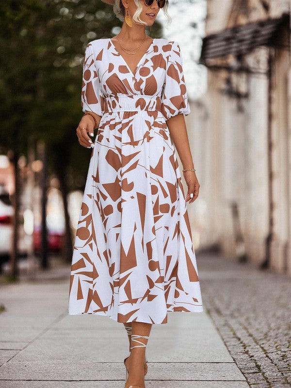 SURPLICE 3/4 SLEEVE PRINTED MAXI DRESS