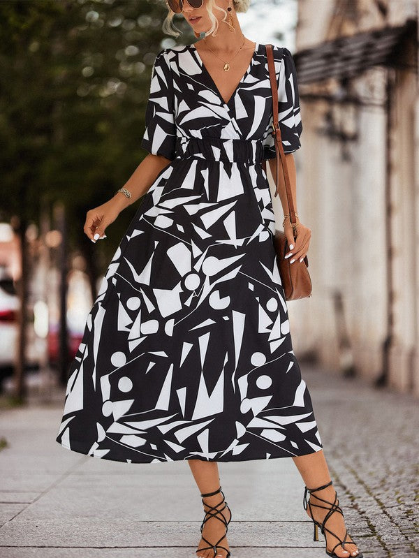 SURPLICE 3/4 SLEEVE PRINTED MAXI DRESS