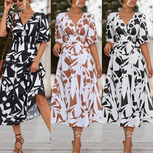 SURPLICE 3/4 SLEEVE PRINTED MAXI DRESS