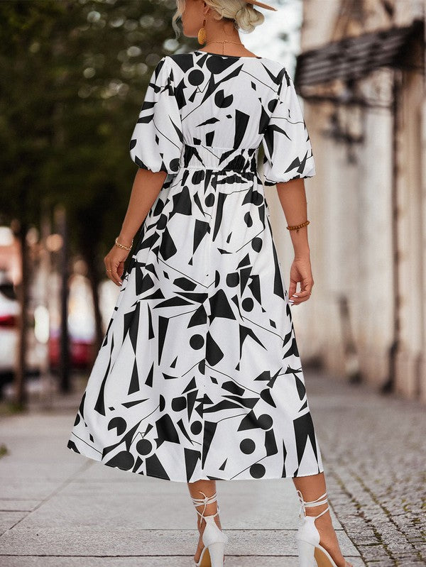 SURPLICE 3/4 SLEEVE PRINTED MAXI DRESS