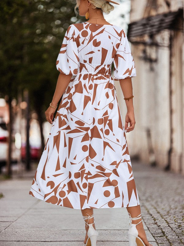 SURPLICE 3/4 SLEEVE PRINTED MAXI DRESS