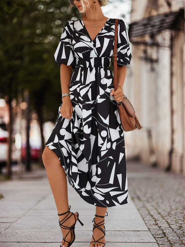 SURPLICE 3/4 SLEEVE PRINTED MAXI DRESS