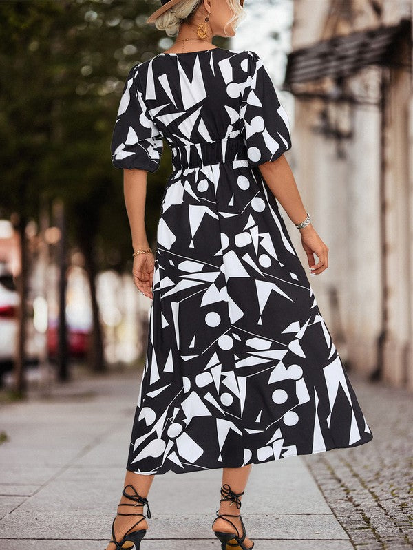 SURPLICE 3/4 SLEEVE PRINTED MAXI DRESS