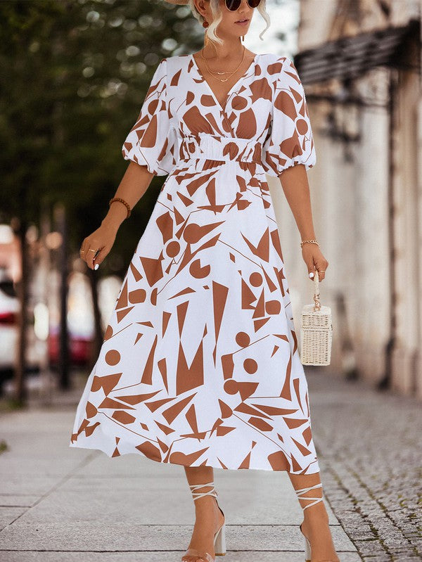 SURPLICE 3/4 SLEEVE PRINTED MAXI DRESS