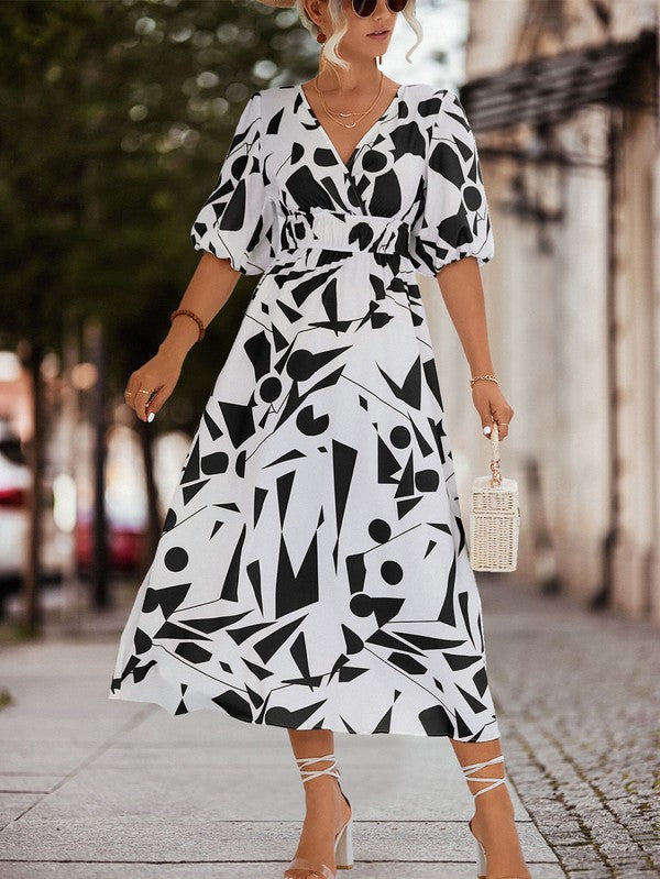 SURPLICE 3/4 SLEEVE PRINTED MAXI DRESS