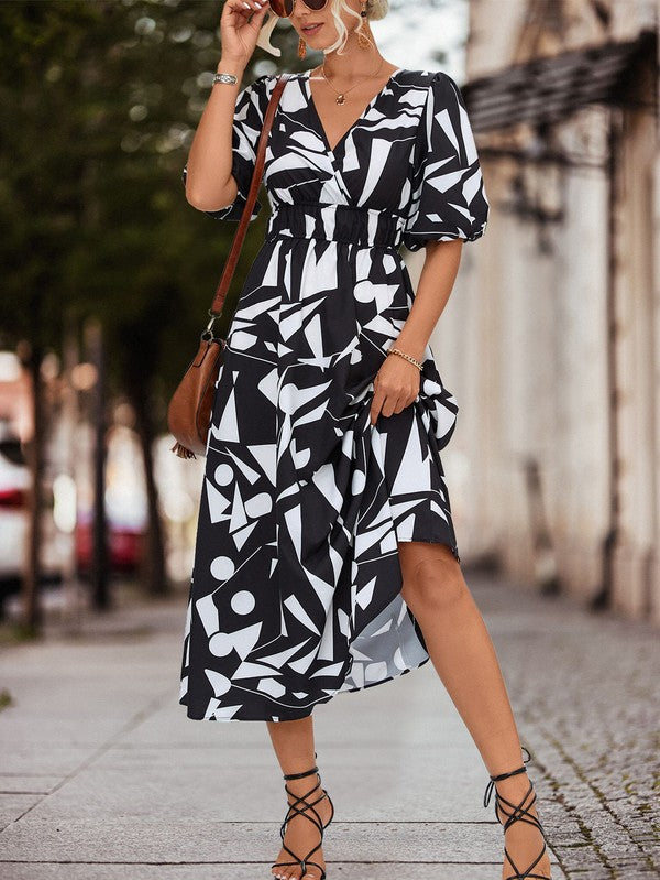 SURPLICE 3/4 SLEEVE PRINTED MAXI DRESS