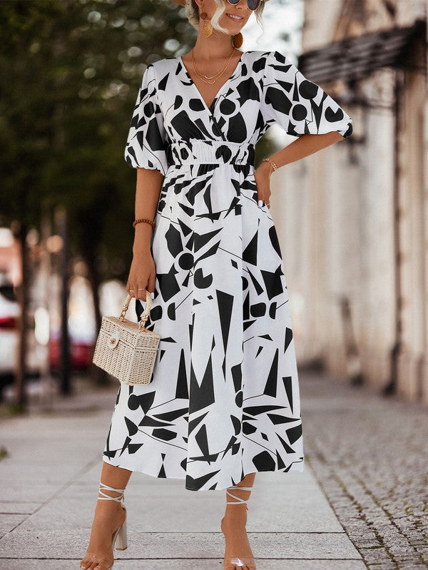 SURPLICE 3/4 SLEEVE PRINTED MAXI DRESS