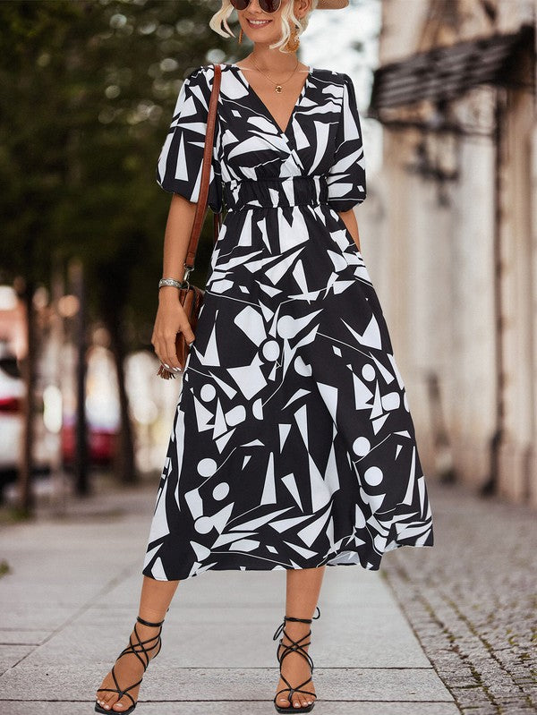 SURPLICE 3/4 SLEEVE PRINTED MAXI DRESS