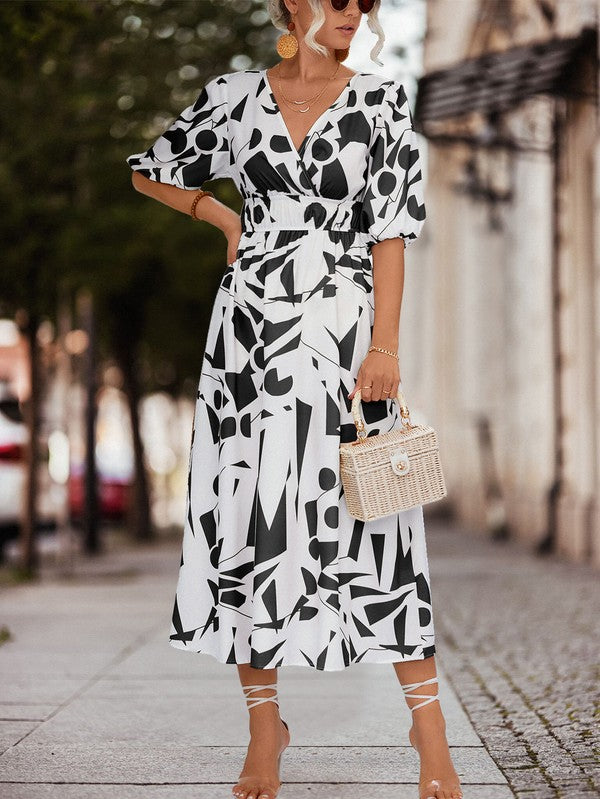 SURPLICE 3/4 SLEEVE PRINTED MAXI DRESS