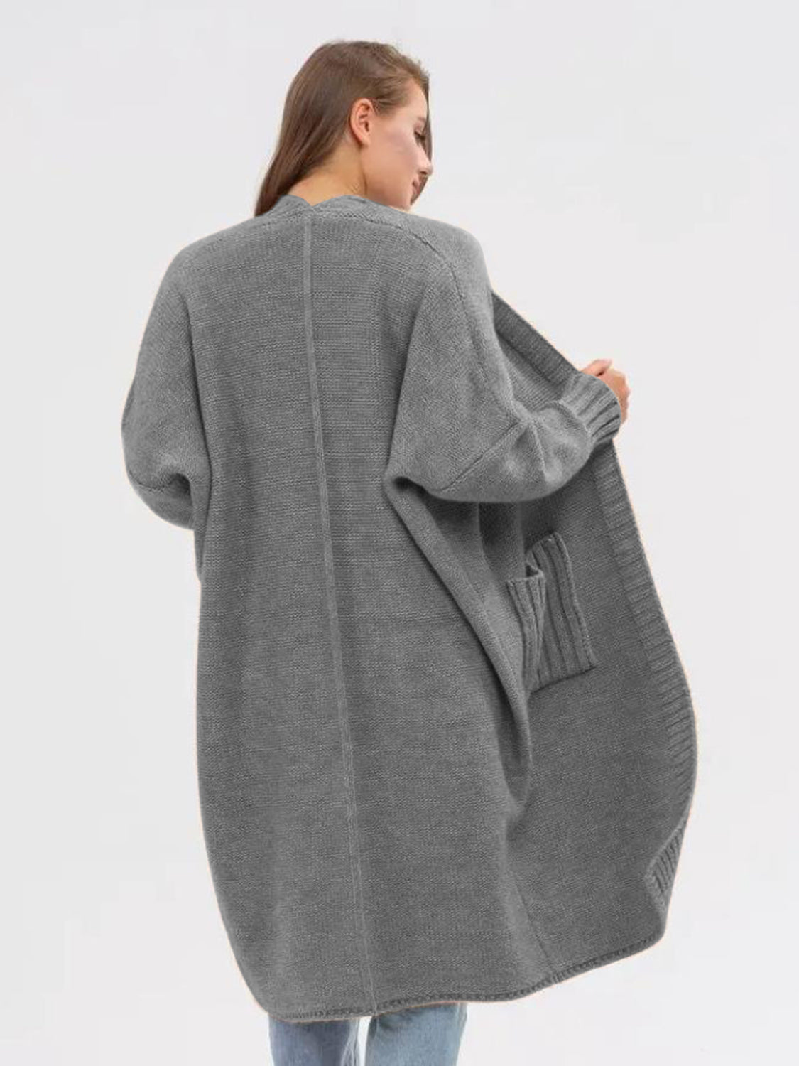 POCKETED OPEN FRONT LONG SLEEVE LONGLINE CARDIGAN