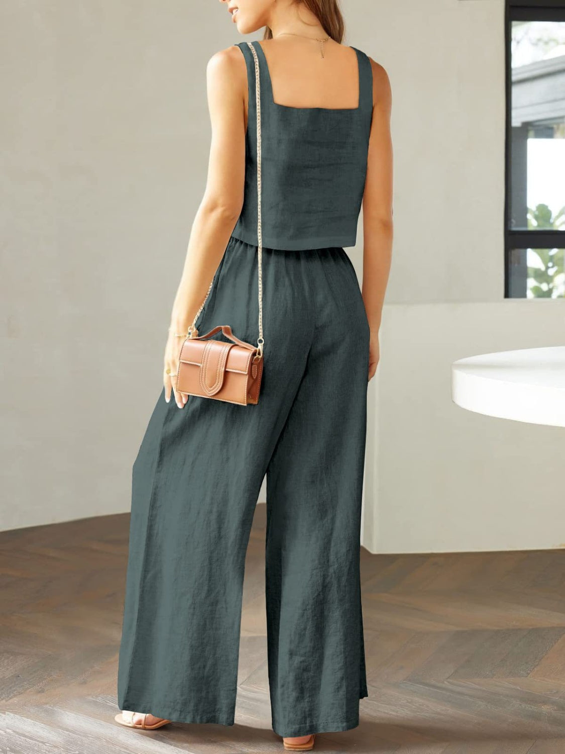 SQUARE NECK TOP AND WIDE LEG PANTS SET