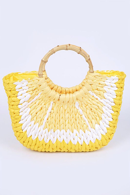 FAUX STRAW LEMON BAMBOO HANDLE SUMMER TOTE