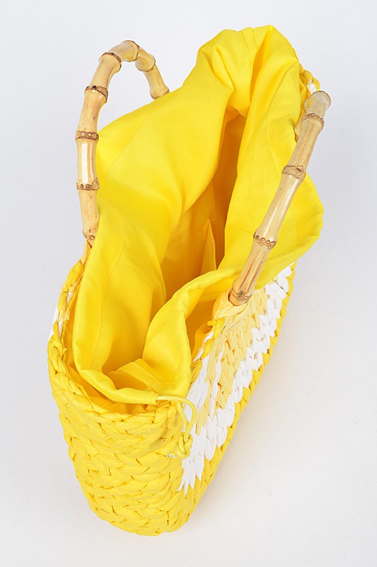 FAUX STRAW LEMON BAMBOO HANDLE SUMMER TOTE