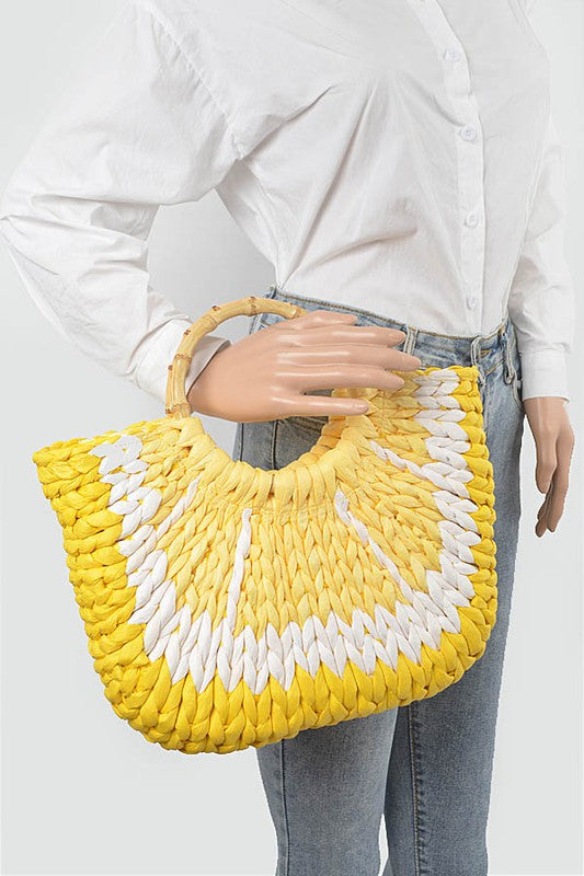 FAUX STRAW LEMON BAMBOO HANDLE SUMMER TOTE