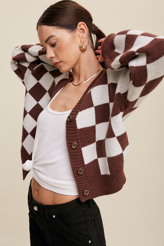 BOLD GINGHAM SWEATER WEAVED CROP CARDIGAN