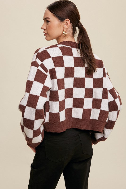 BOLD GINGHAM SWEATER WEAVED CROP CARDIGAN