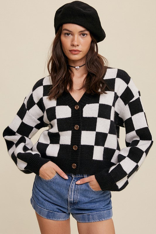 BOLD GINGHAM SWEATER WEAVED CROP CARDIGAN