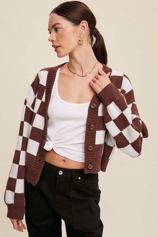 BOLD GINGHAM SWEATER WEAVED CROP CARDIGAN