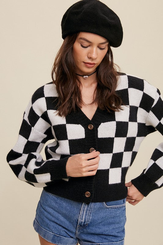 BOLD GINGHAM SWEATER WEAVED CROP CARDIGAN