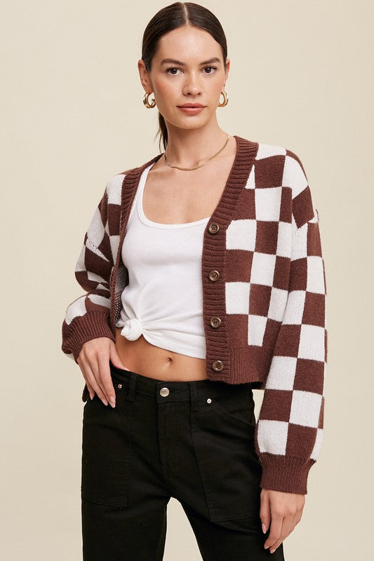 BOLD GINGHAM SWEATER WEAVED CROP CARDIGAN