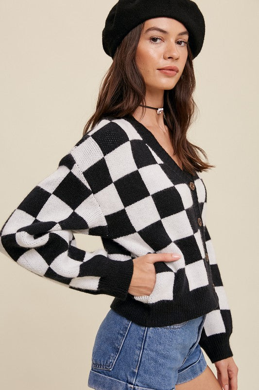 BOLD GINGHAM SWEATER WEAVED CROP CARDIGAN