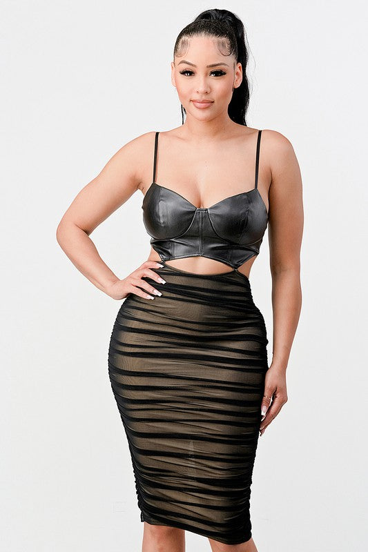 FAUX LEATHER BUSTIER AND MESH DRESS