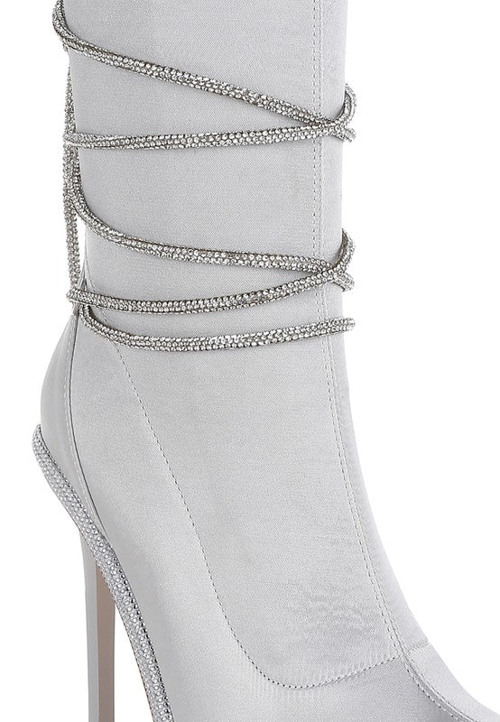 DACIA RHINESTONES STRAP SATIN CALF BOOTS