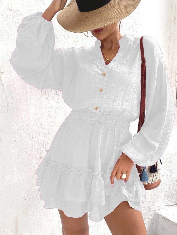 LONG SLEEVE BUTTON FRONT RUFFLE DRESS