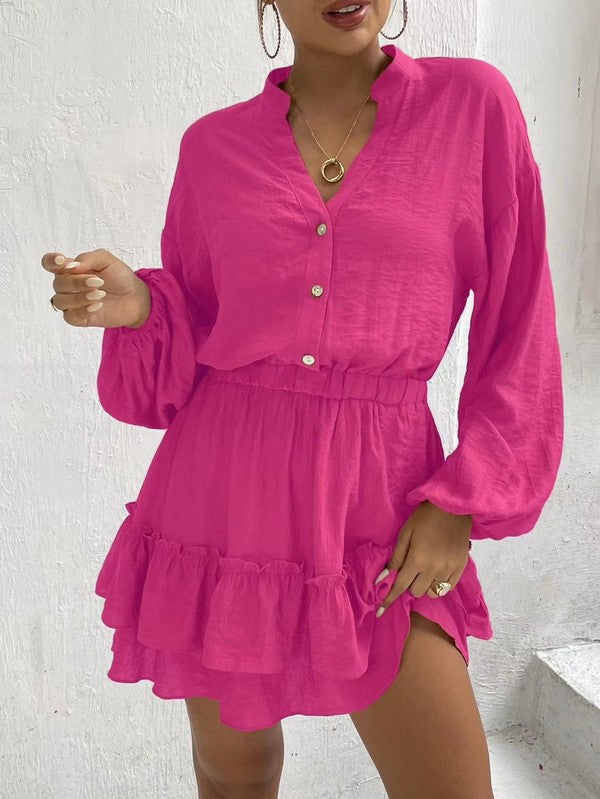 LONG SLEEVE BUTTON FRONT RUFFLE DRESS