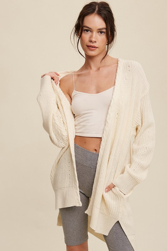 CABLE KNIT OPEN FRONT LONG CARDIGAN