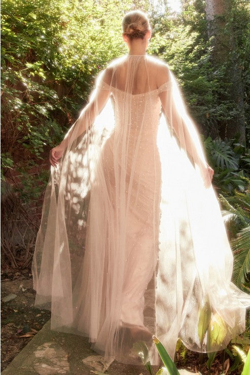 PEARL PLEATED TULLE GOWN WITH CAPE