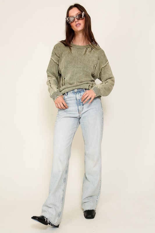 MINERAL WASH DISTRESSED SWEATER