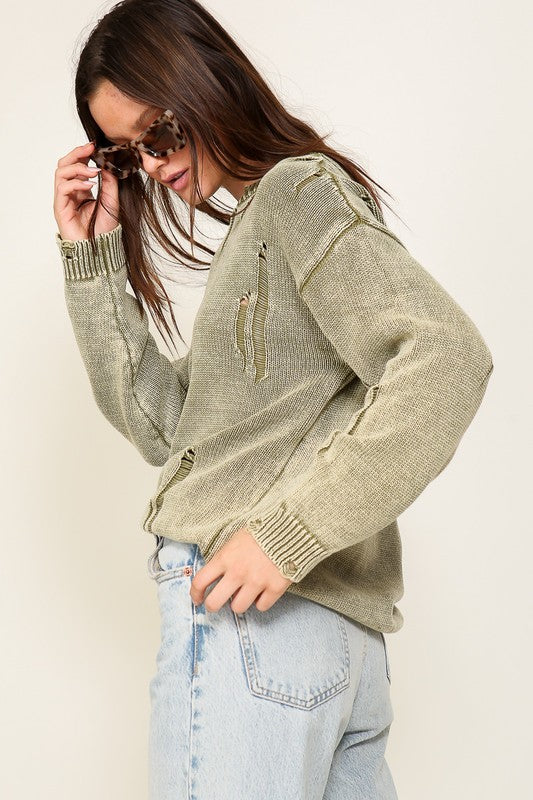 MINERAL WASH DISTRESSED SWEATER