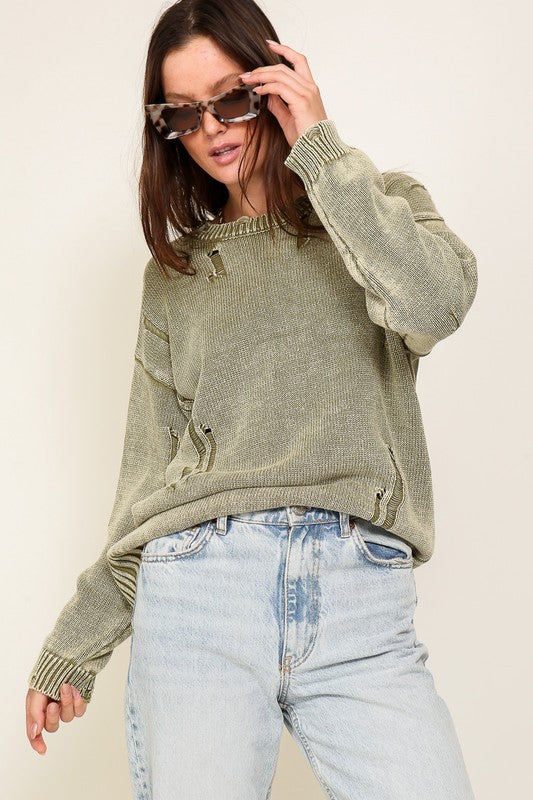 MINERAL WASH DISTRESSED SWEATER